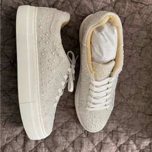 Betsey Johnson White Pearl-Embellished Sneakers